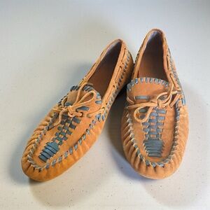 $148! Free People Misty Suede Moccasins In Camel & Blue and SZ 9 NWOT